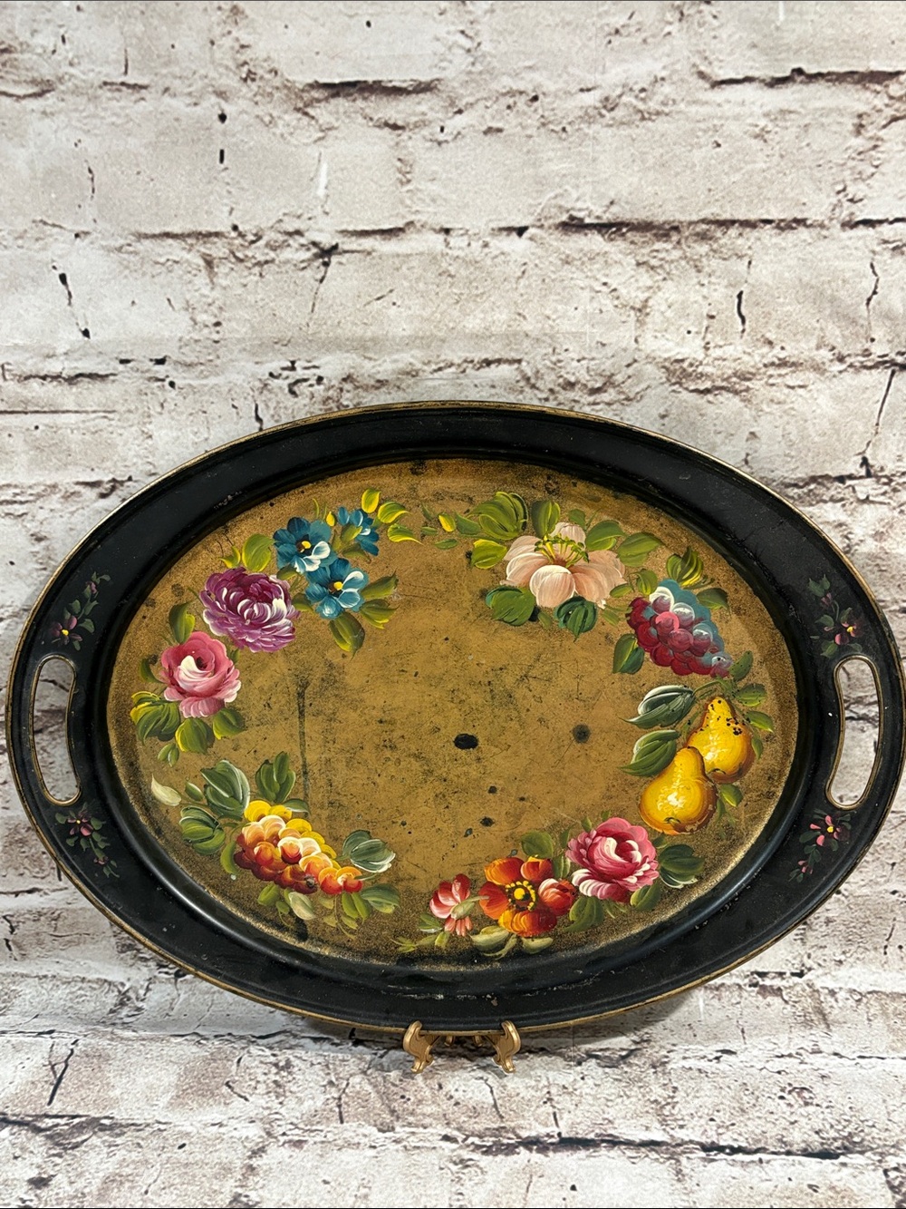 Vintage Hand-Painted Floral Metal Oval Serving Tray